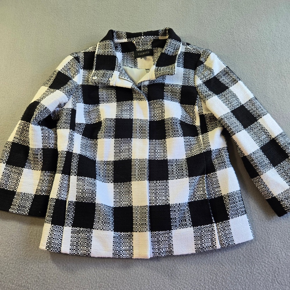 Talbots Jacket Womens 8 Black White Buffalo Check Plaid Zip Front Cotton Coat